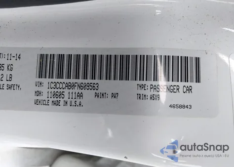 2015 Chrysler 200 Limited z USA, uszkodzony, nr VIN 1C3CCCAB0FN609563